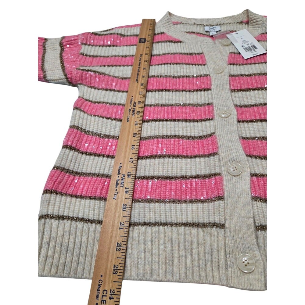 Crown & Ivy Women's Stripe Shine Sequin Cardigan Large Pink Tan Gold NWT S.1 - Picture 6 of 9